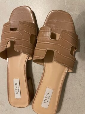 Brand New Steven New York-Tan Croc-Embossed Slide Sandals